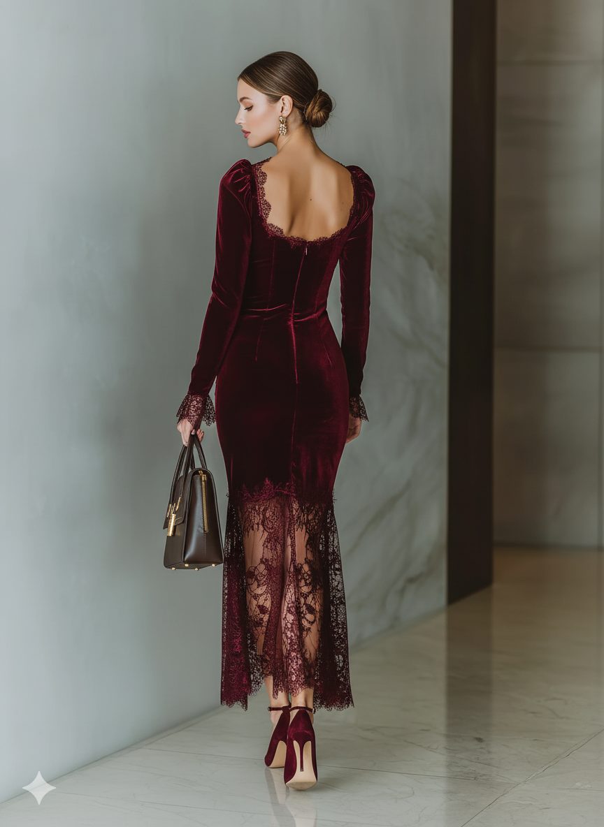 Women's Lace-Edged Velvet Formal Dress with Square Neckline