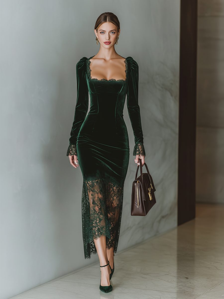 Women's Lace-Edged Velvet Formal Dress with Square Neckline - Dark Green