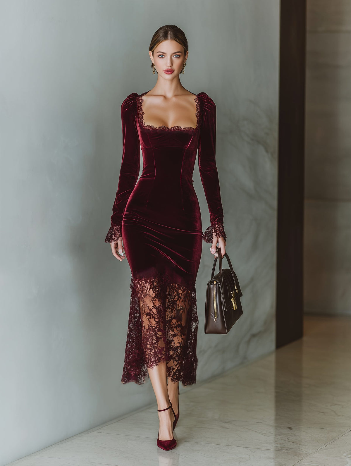 Women's Lace-Edged Velvet Formal Dress with Square Neckline