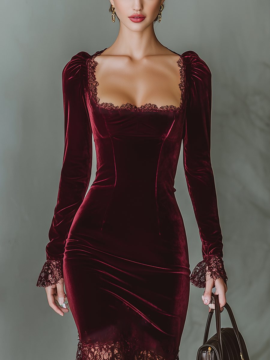 Women's Lace-Edged Velvet Formal Dress with Square Neckline