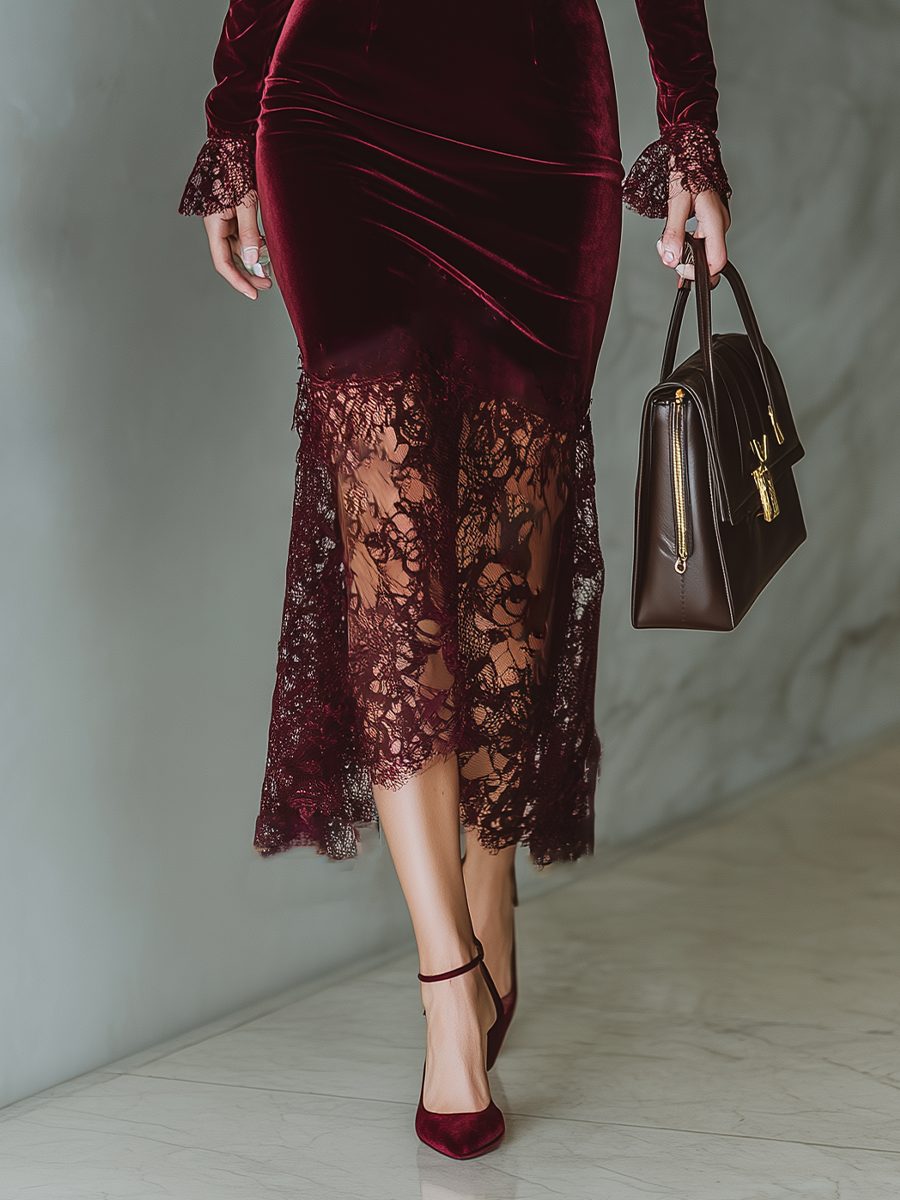 Women's Lace-Edged Velvet Formal Dress with Square Neckline