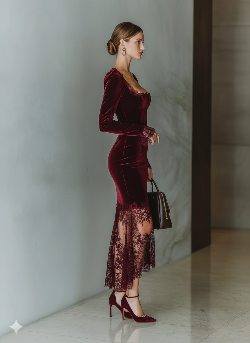 Women's Lace-Edged Velvet Formal Dress with Square Neckline
