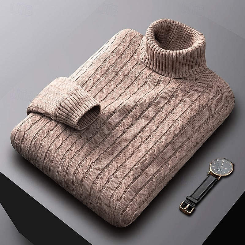 Men's Everyday Cable Turtleneck Sweater in a Regular Cut - Khaki
