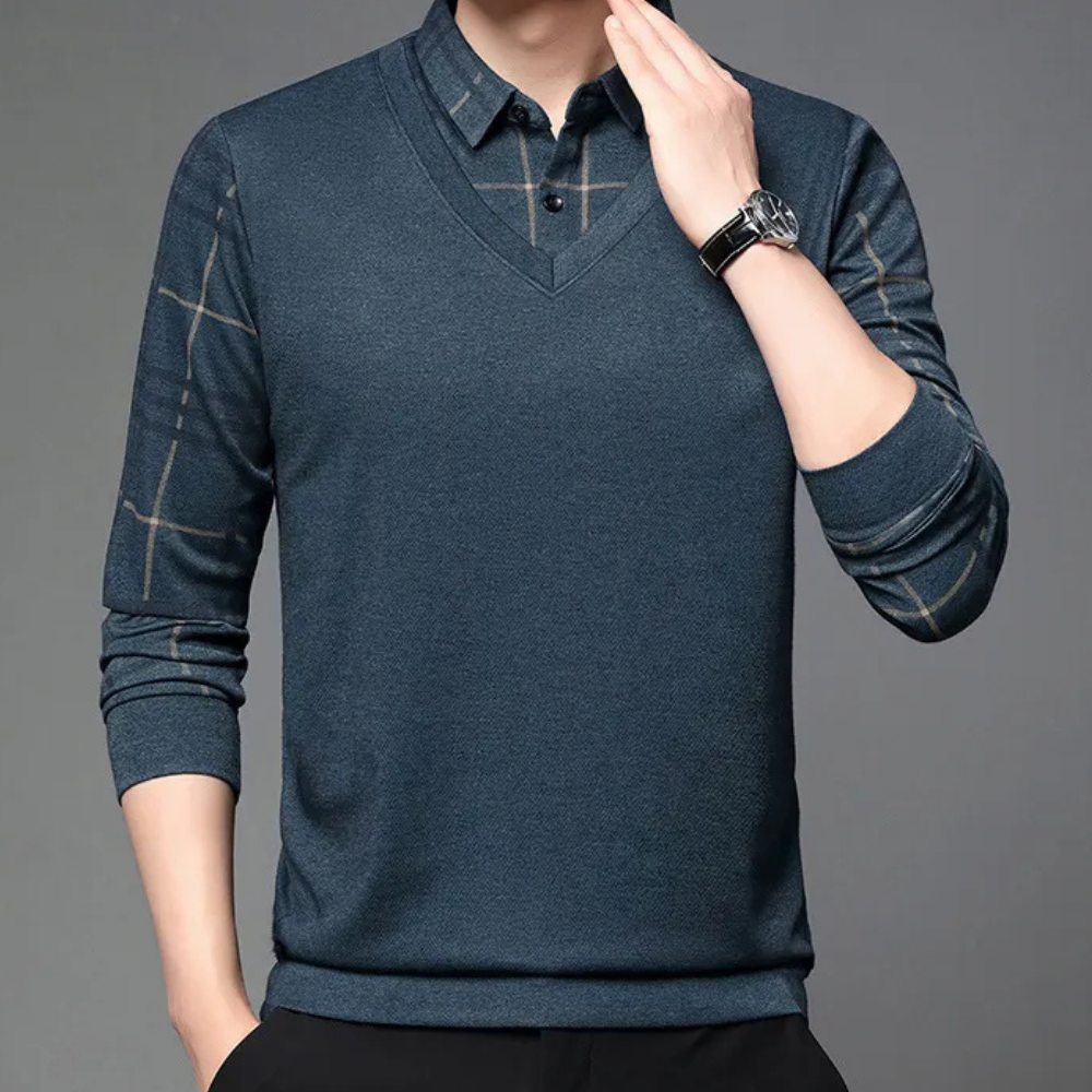 Men's Layered V Neck Sweater with Printed Sleeve Accents