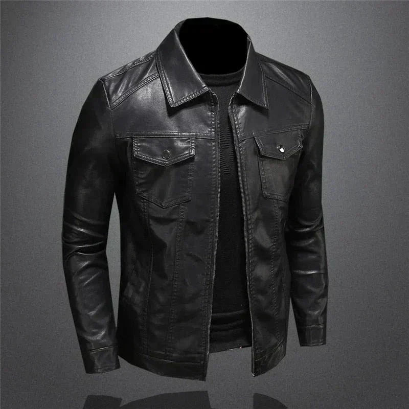 Men's Vegan Leather Jacket Modern Collared Layer for City