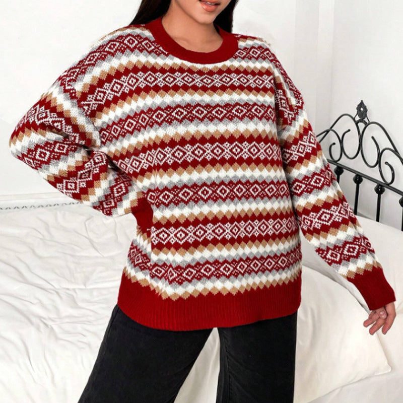 Women's Red Geometric Band Knit Sweater