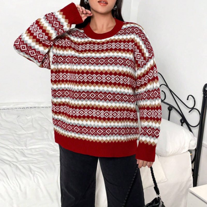 Women's Red Geometric Band Knit Sweater