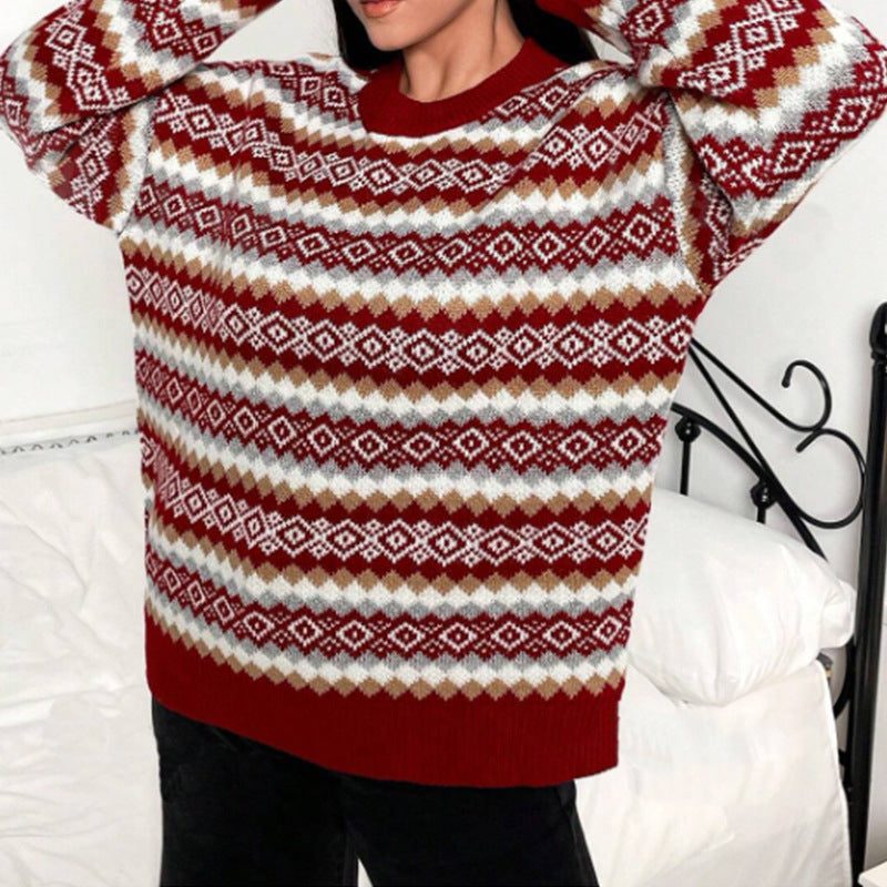 Women's Red Geometric Band Knit Sweater