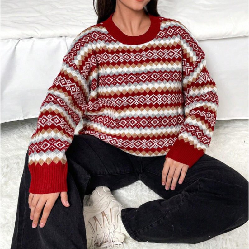 Women's Red Geometric Band Knit Sweater