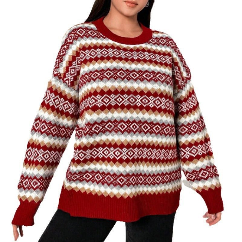 Women's Red Geometric Band Knit Sweater