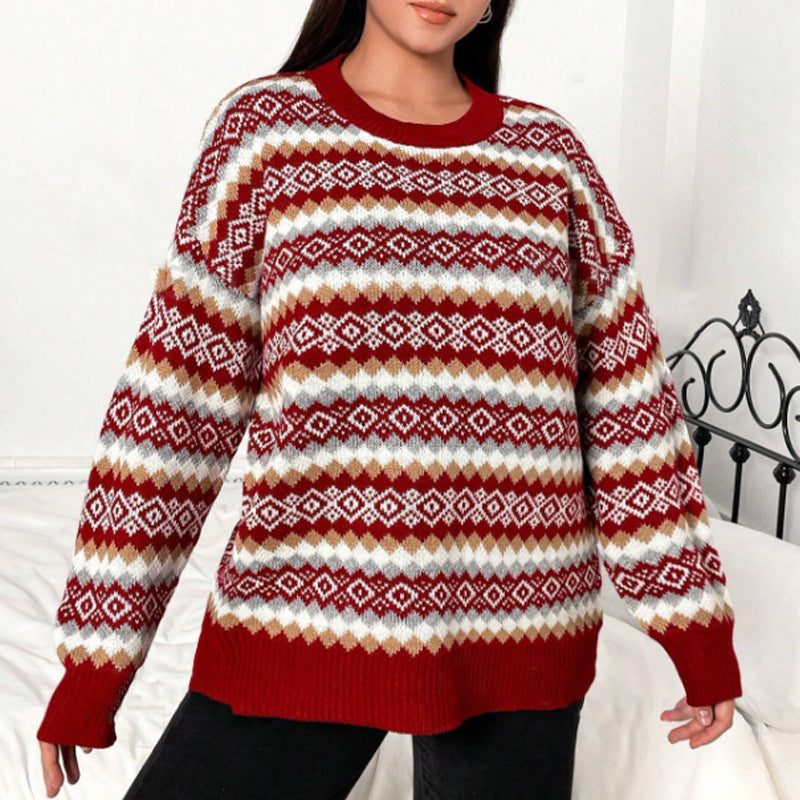 Women's Red Geometric Band Knit Sweater - Red