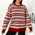 Women's Red Geometric Band Knit Sweater - Red