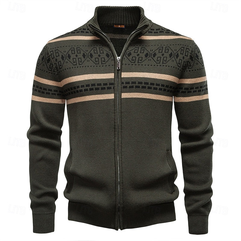 Women's Festive Fair Isle Zip Cardigan for Winter Weekends - Military Green