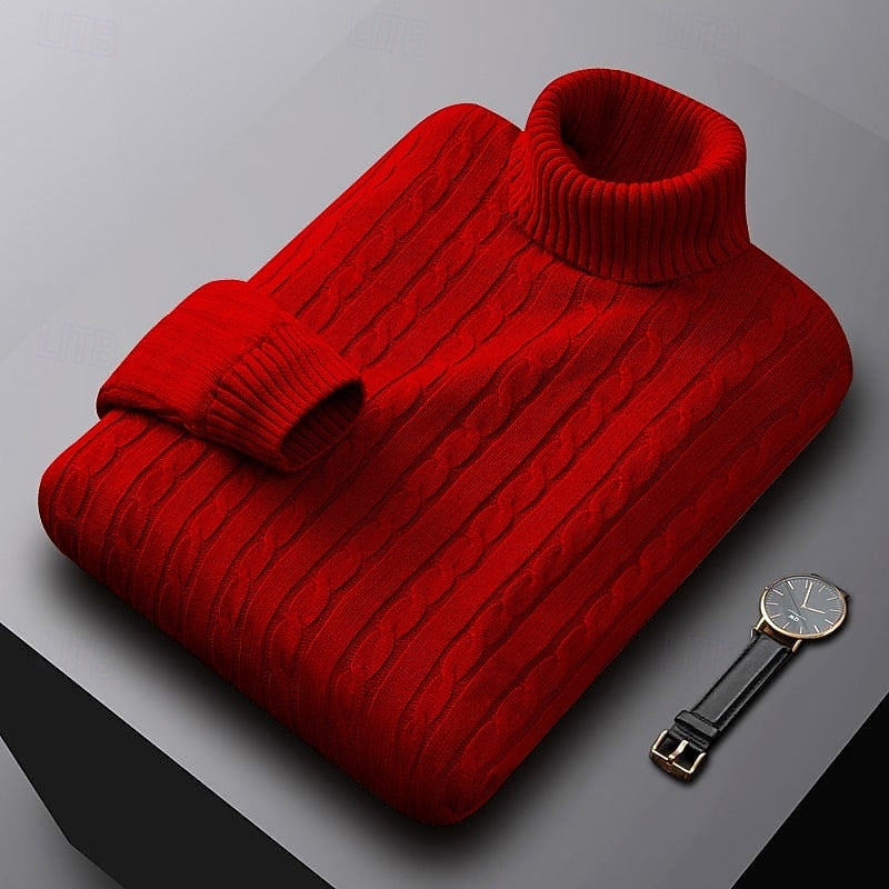Men's Everyday Cable Turtleneck Sweater in a Regular Cut - Red
