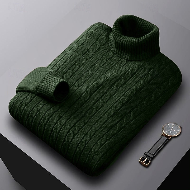 Men's Everyday Cable Turtleneck Sweater in a Regular Cut - Dark Green