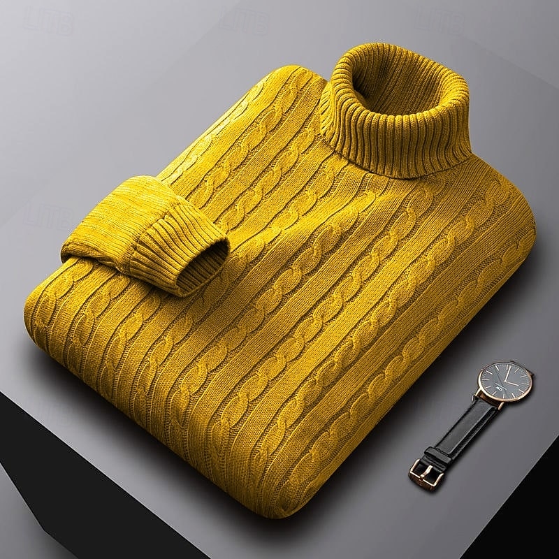 Men's Everyday Cable Turtleneck Sweater in a Regular Cut - Yellow