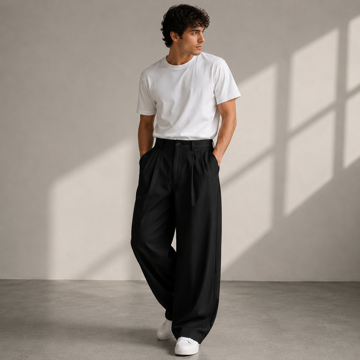 Men's Pleated Wide Leg Trousers Relaxed Modern Pants