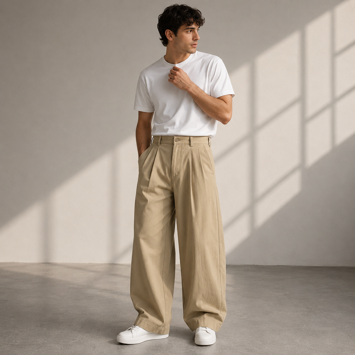 Men's Pleated Wide Leg Trousers Relaxed Modern Pants