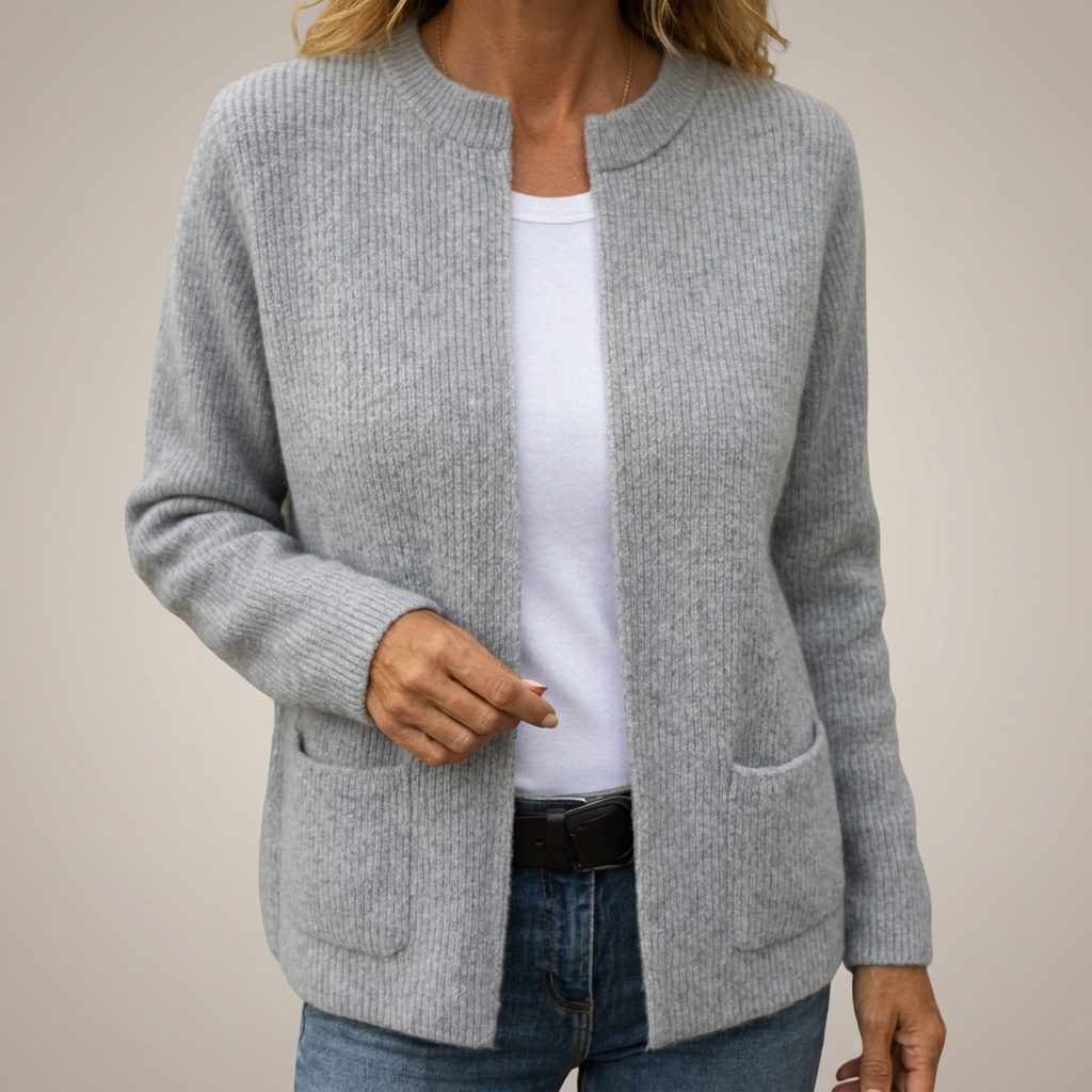 Women's Pocket Front Ribbed Cardigan in Extended Sizes - Gray