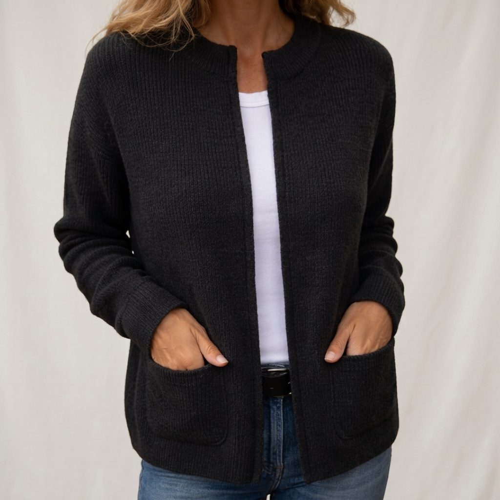 Women's Pocket Front Ribbed Cardigan in Extended Sizes - Black
