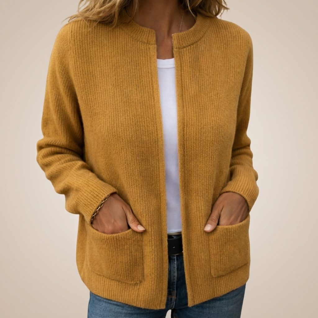 Women's Pocket Front Ribbed Cardigan in Extended Sizes - Yellow
