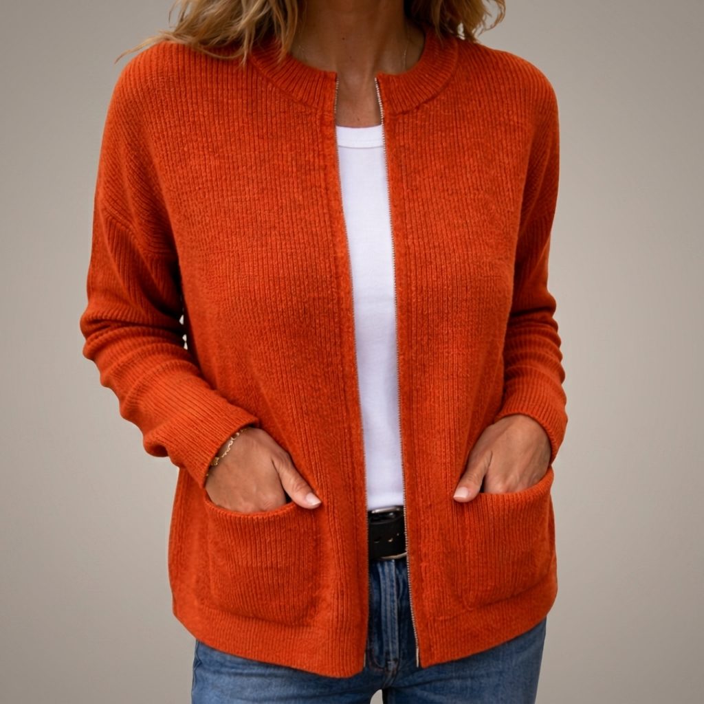 Women's Pocket Front Ribbed Cardigan in Extended Sizes - Orange