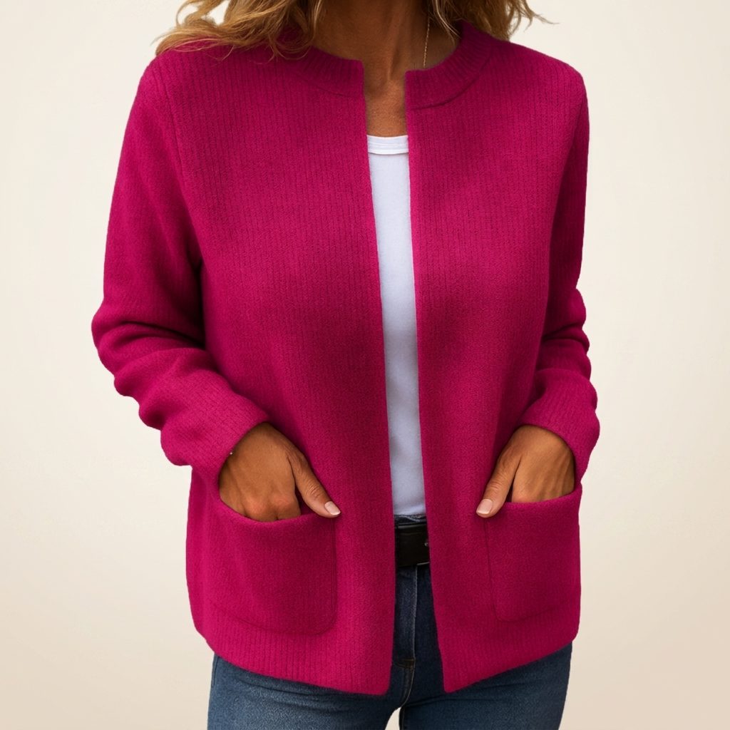 Women's Pocket Front Ribbed Cardigan in Extended Sizes - Red Pink