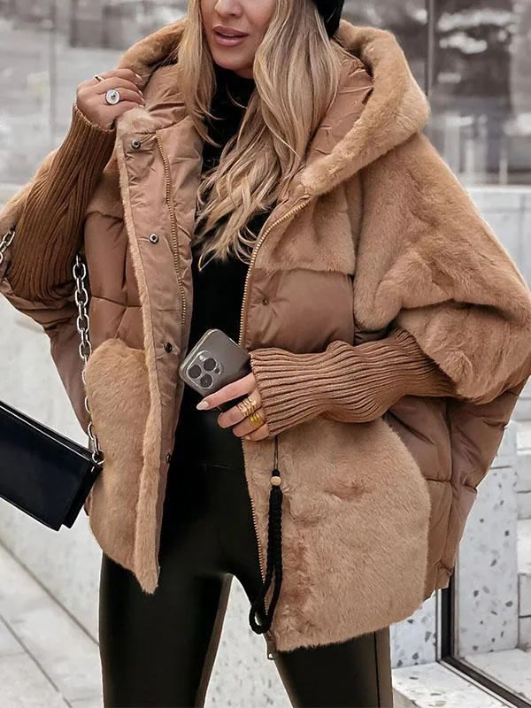 Women's Thermal Padded Puffer with Faux Fur Shoulders and Hood - Brown