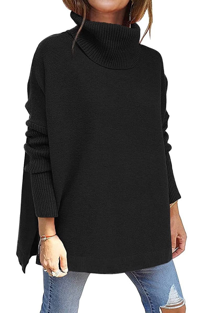 Women's Past-the-Hip Vertical Rib Turtleneck Sweater - Black