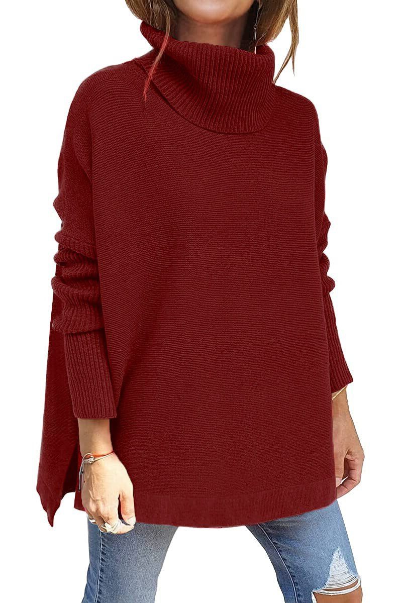 Women's Past-the-Hip Vertical Rib Turtleneck Sweater - Red