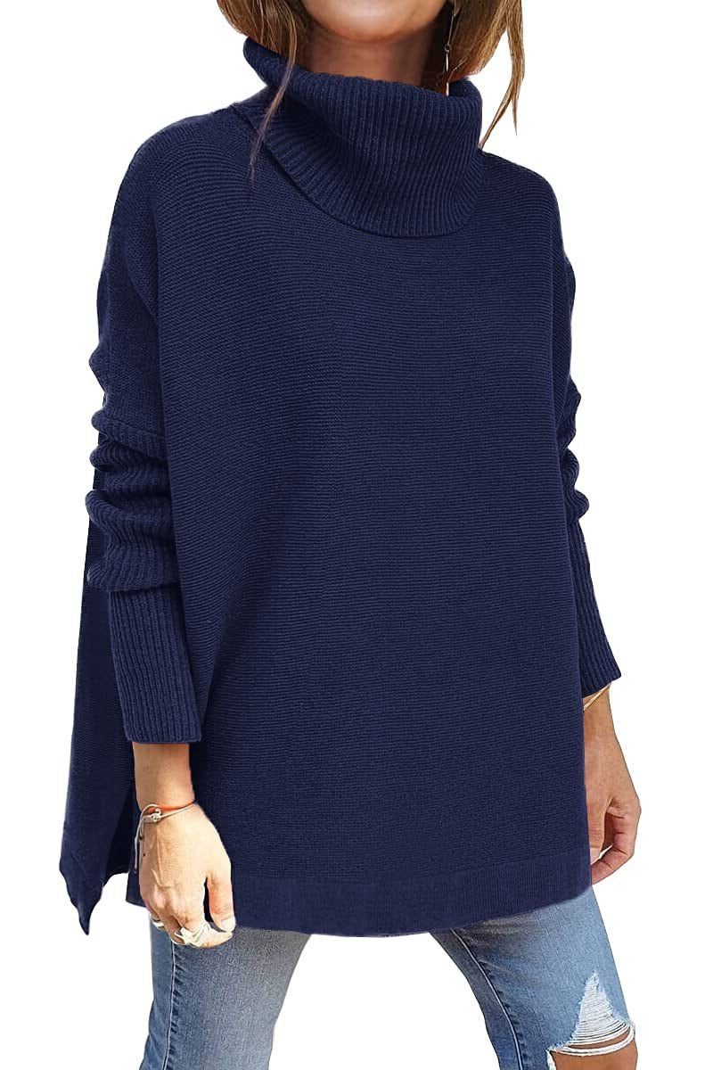 Women's Past-the-Hip Vertical Rib Turtleneck Sweater - Blue