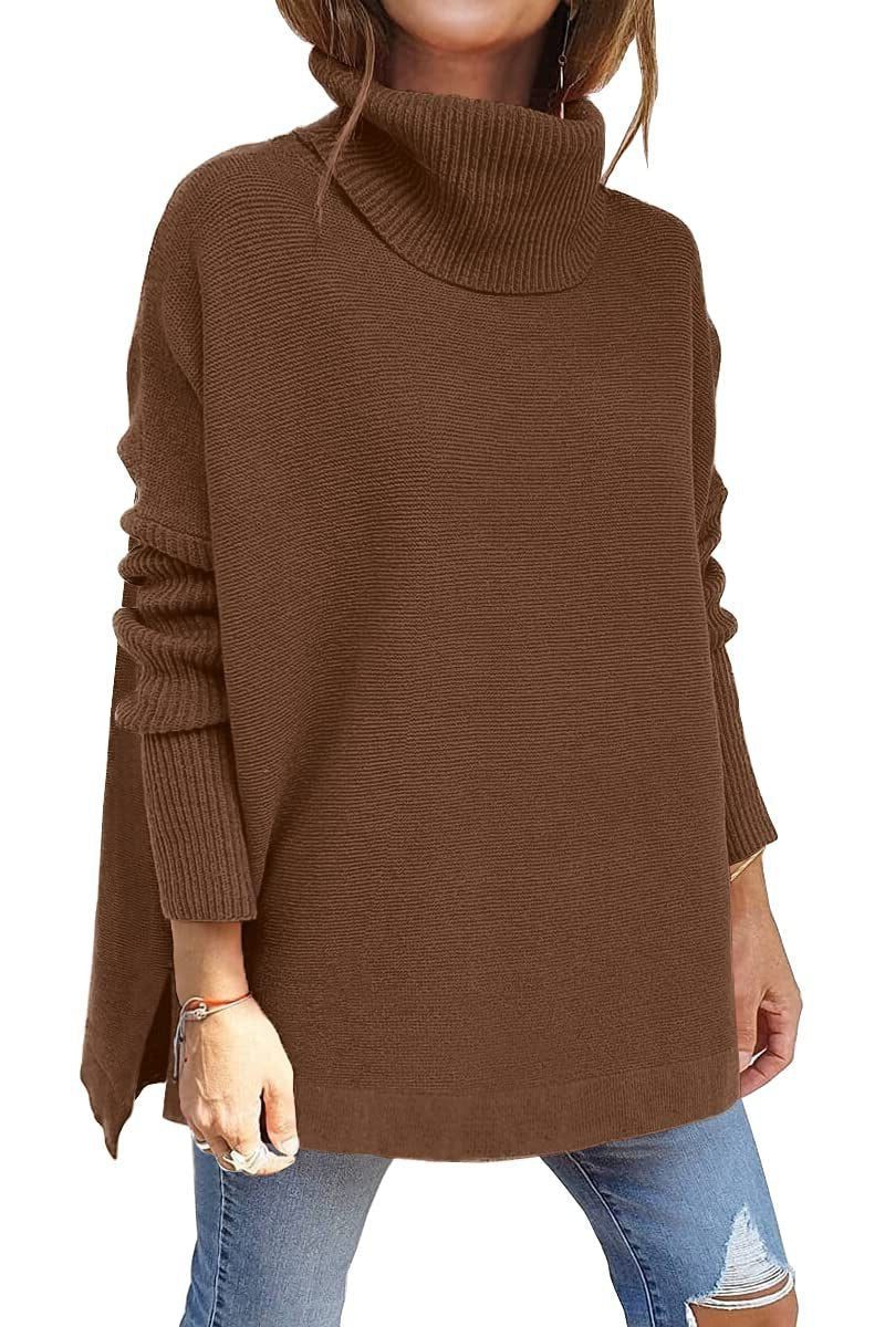 Women's Past-the-Hip Vertical Rib Turtleneck Sweater - Dark Brown