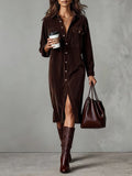 Women's Roll-Sleeve Corduroy Shirt Dress with Leg Slit - Dark Brown