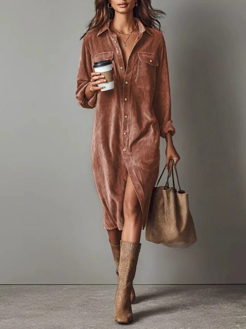 Women's Roll-Sleeve Corduroy Shirt Dress with Leg Slit - Reddish Brown