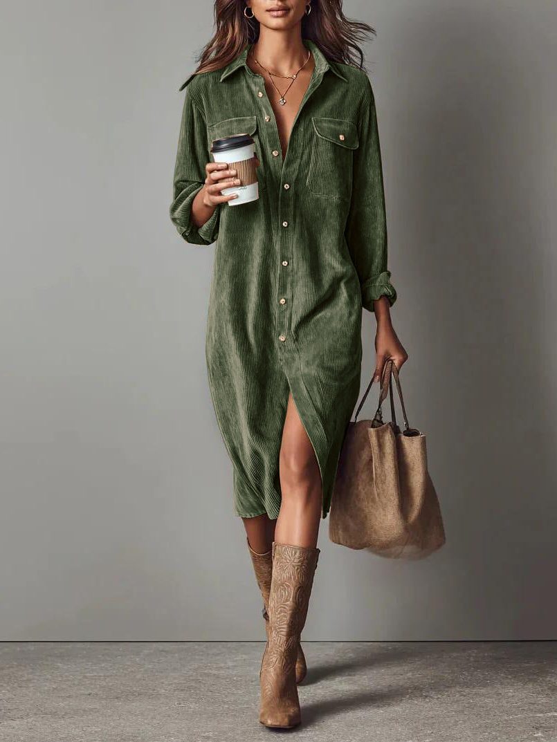 Women's Roll-Sleeve Corduroy Shirt Dress with Leg Slit - Green