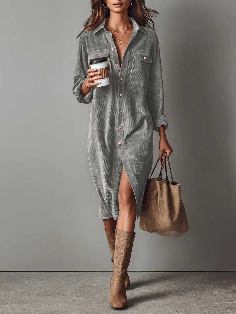 Women's Roll-Sleeve Corduroy Shirt Dress with Leg Slit - Light Gray