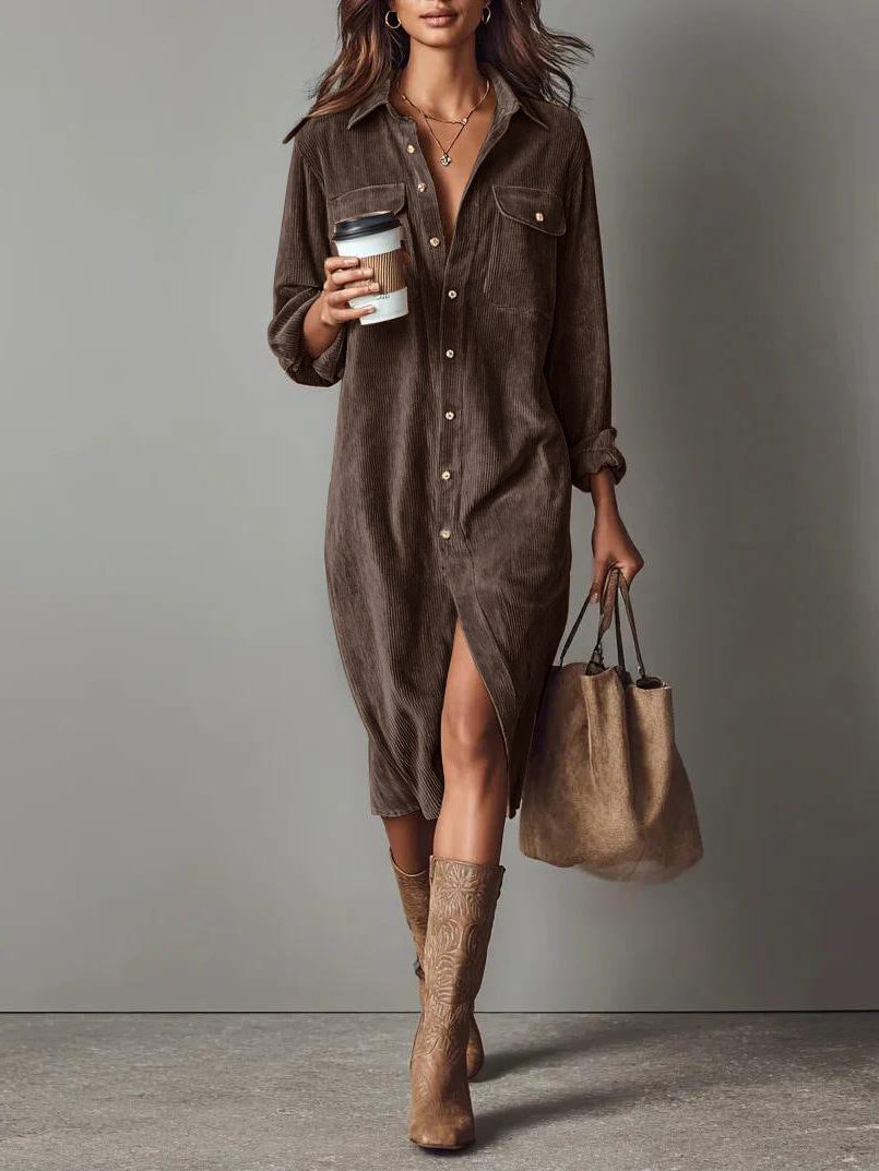 Women's Roll-Sleeve Corduroy Shirt Dress with Leg Slit - Coffee Brown