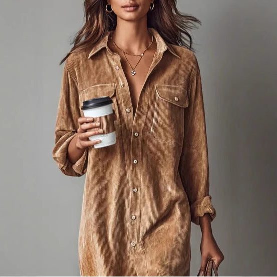 Women's Roll-Sleeve Corduroy Shirt Dress with Leg Slit