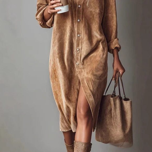 Women's Roll-Sleeve Corduroy Shirt Dress with Leg Slit