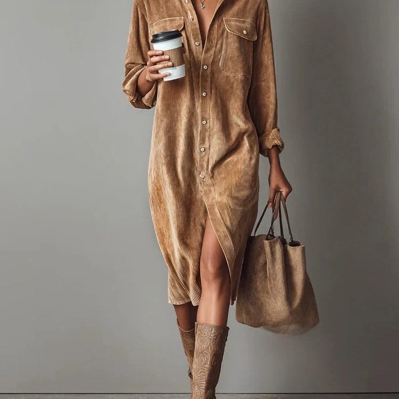 Women's Roll-Sleeve Corduroy Shirt Dress with Leg Slit