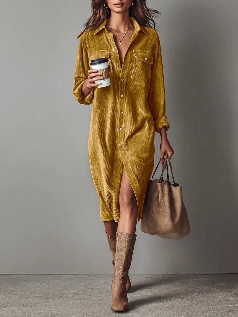 Women's Roll-Sleeve Corduroy Shirt Dress with Leg Slit - Orange