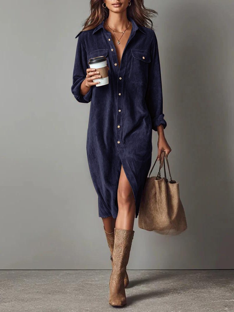 Women's Roll-Sleeve Corduroy Shirt Dress with Leg Slit - Navy Blue
