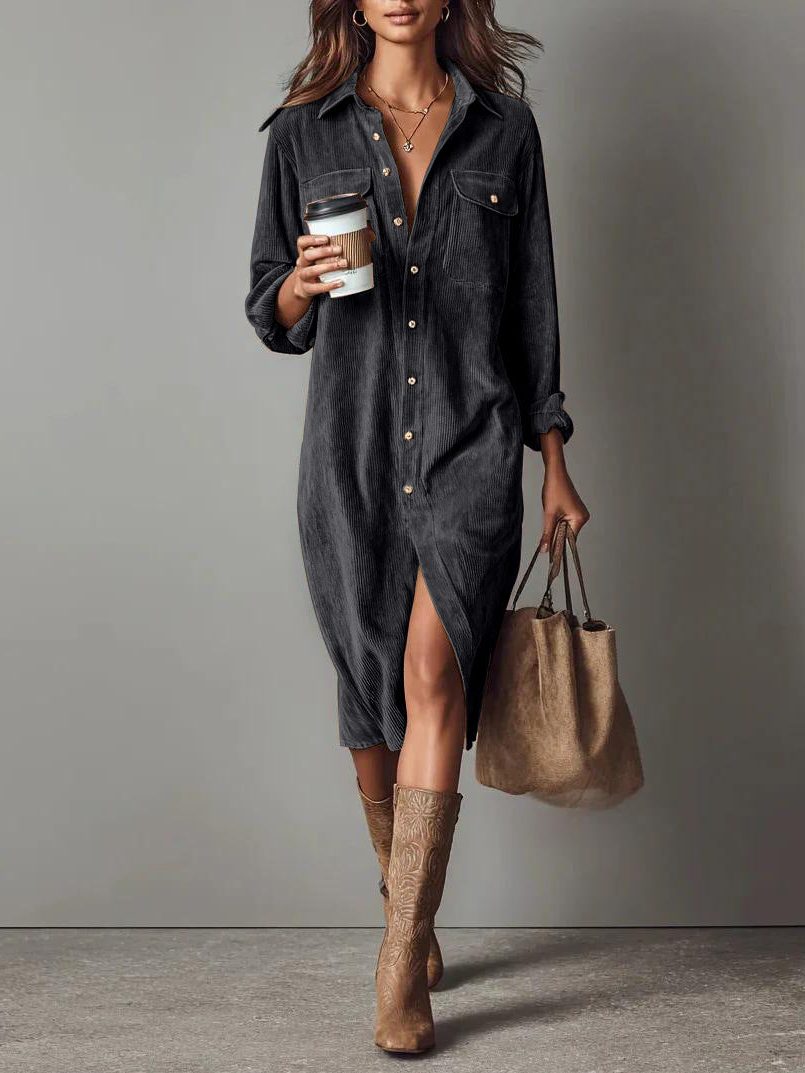 Women's Roll-Sleeve Corduroy Shirt Dress with Leg Slit - Dark Gray