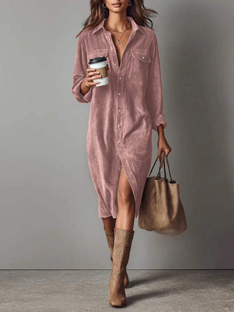 Women's Roll-Sleeve Corduroy Shirt Dress with Leg Slit - Rose