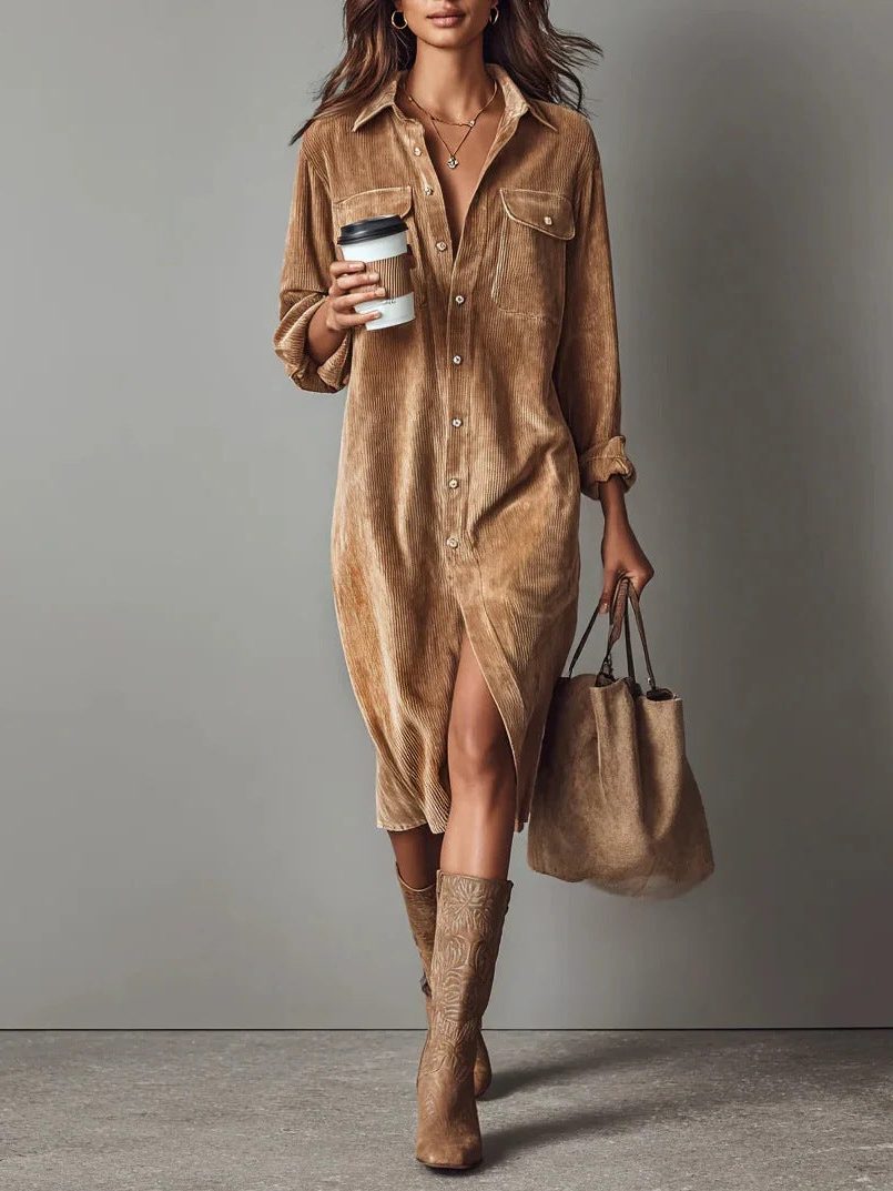 Women's Roll-Sleeve Corduroy Shirt Dress with Leg Slit - Brown