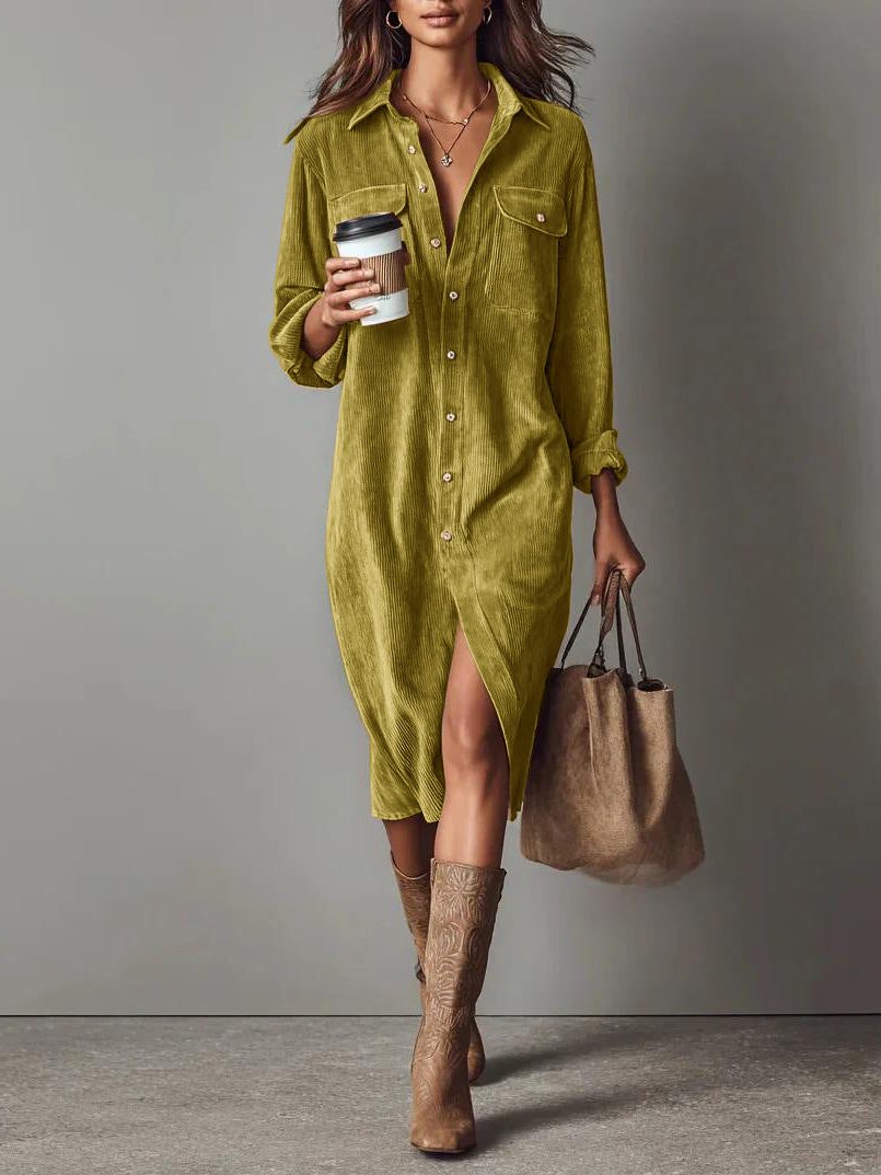 Women's Roll-Sleeve Corduroy Shirt Dress with Leg Slit - Yellow