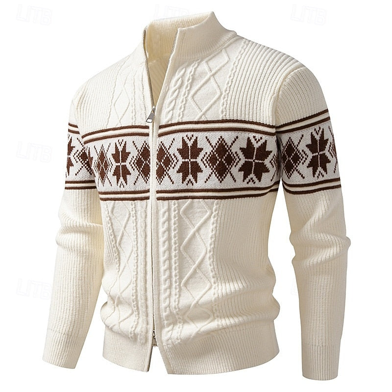 Women's Regular Fit Zip-Front Cardigan in Fair Isle Rib - White