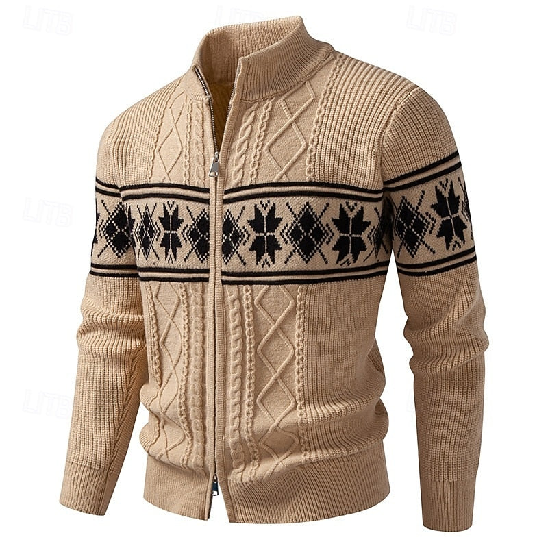 Women's Regular Fit Zip-Front Cardigan in Fair Isle Rib - Khaki