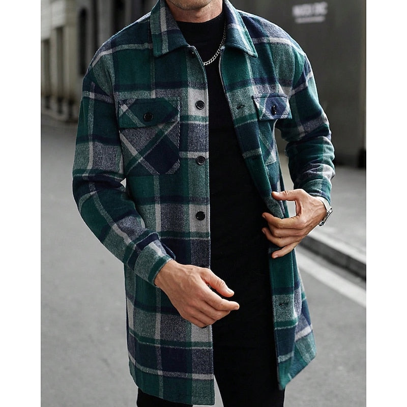 Women's Plaid Button-Up Shacket with Utility Pockets - Army Green