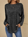 Women's Vertical Rib Longline Crew Sweater with Side Pockets - Black
